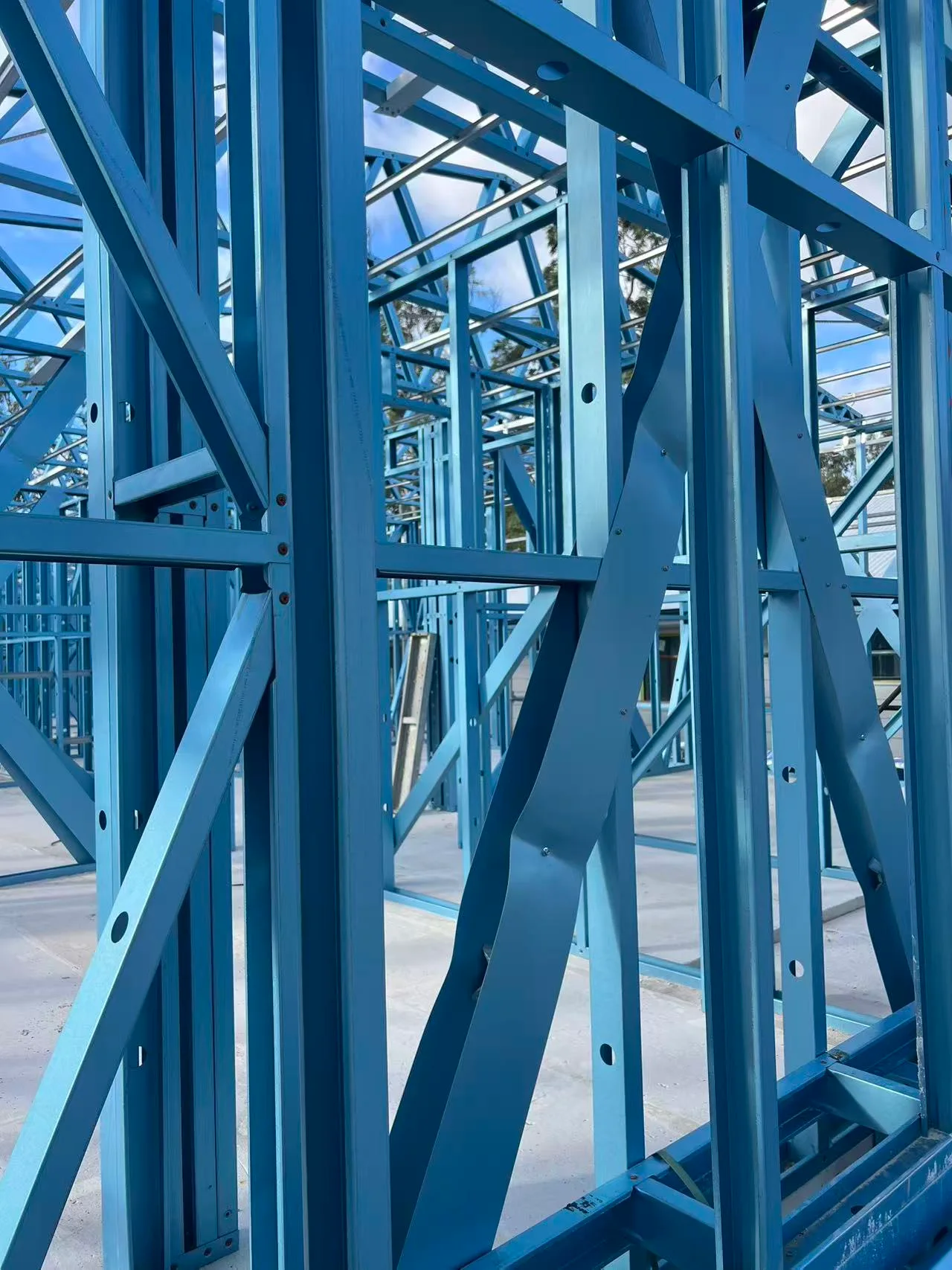 Detail of blue steel framing during construction