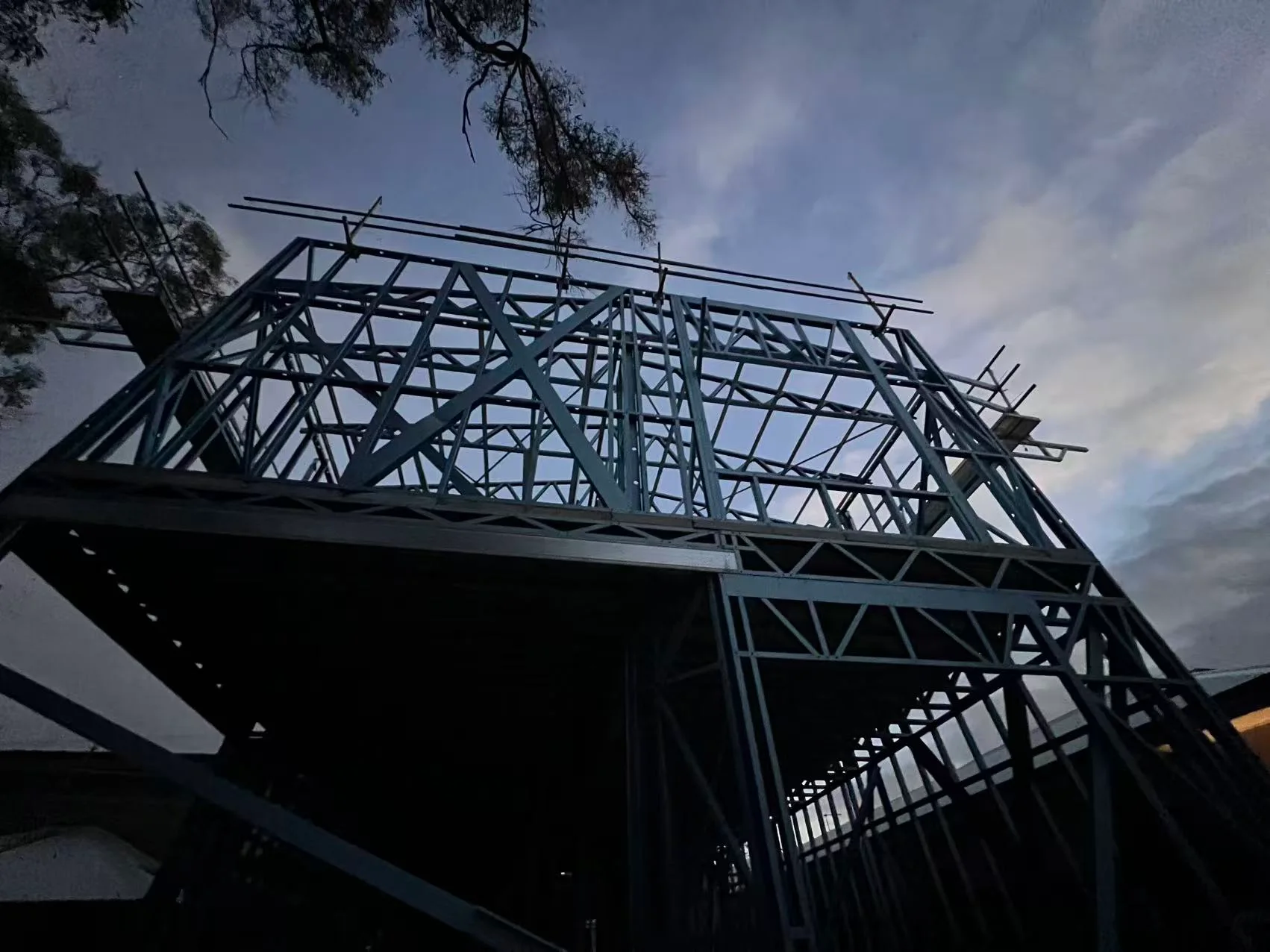 Steel roof trusses during construction
